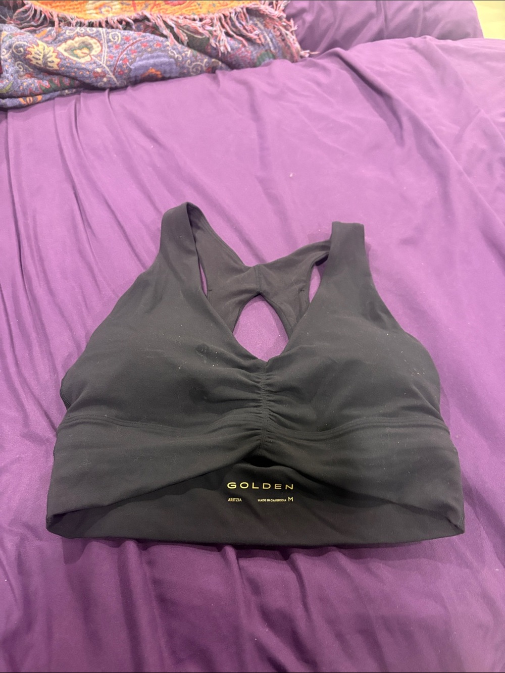 Aritzia Golden Butter Black Ruched Keyhole Sports Bra
